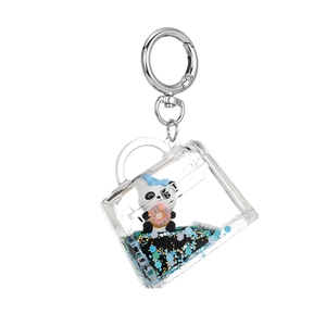 Cute panda panda keychain with black quicksand liquid and blue sequins in acrylic bottle