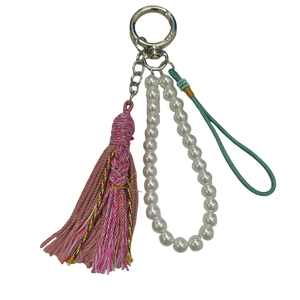 Handmade woven tassel keychain with pearl bead chain and green braided rope pendant
