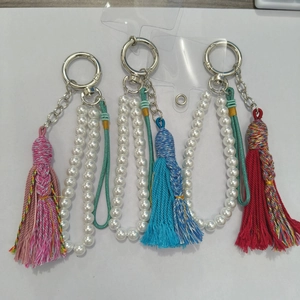Phone Charm Tassel Imitation Artificial Pearl Handmade Woven Cord Strap Bag Pendant Silver Ring Versatile Key Accessory Women