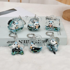 Cute panda liquid quicksand keychain in acrylic heart and star shapes for bag charm
