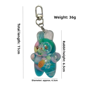 Detail showing acrylic rabbit keychain dimensions: 11cm length, 36g weight with lobster clasp