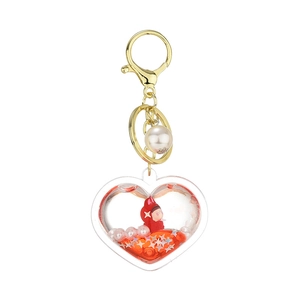 Cute acrylic heart liquid quicksand keychain with red cartoon figure and gold hardware