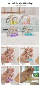 Detail of cute panda house quicksand keychain with liquid and glitter sequins in four colors