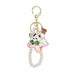 Portachiavi a forma di stella con panda, sabbie mobili rosa e cinturino di perle
