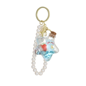 Blue bear star bottle keychain with pearl wristlet strap and golden metal ring