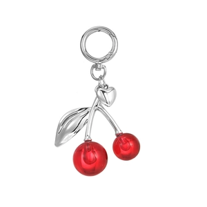 Creative cherry fruit keychain pendant with red resin beads and silver alloy leaf and heart