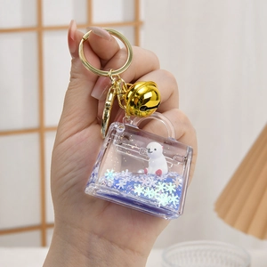 Dettaglio portachiavi a forma di borsa con orso polare e liquido blu mobile