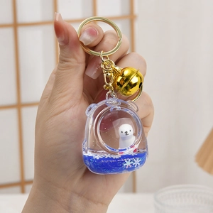 Portachiavi Kawaii Orso Polare Sabbie Mobili Liquide Acrilico Glitter Fiocchi Di Neve Ciondolo Borsa Con Campanellino Dorato