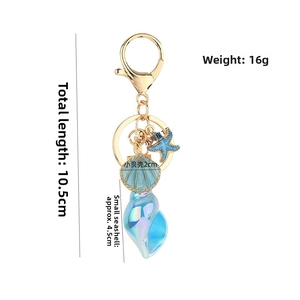 Detailed view of ocean theme keychain with blue seashell, starfish, and conch pendants