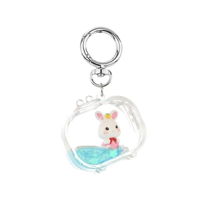Acrylic quicksand keychain featuring a cute rabbit in a TV-shaped bottle with blue fluid