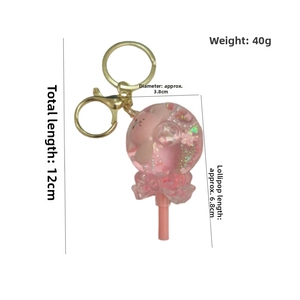 Pink lollipop keychain with cute bunny liquid glitter, 12cm length and 40g weight
