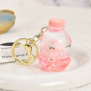 Detail of pink Capybara liquid drifting bottle keychain with glitter and cute character
