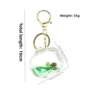 Detail of vintage TV keychain with green liquid, 10cm length and 55g weight specifications