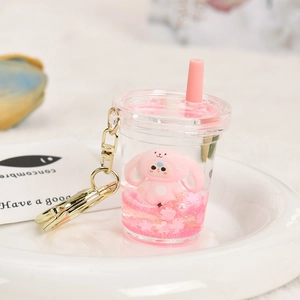 Creative Liquid Glitter Keychain Acrylic Cartoon Bunny Figure Floating Oil Pendant Cute Bag Hanging Ornament Gift For Girls