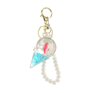Blue ice cream cone dolphin keychain with liquid glitter sand and white pearl chain