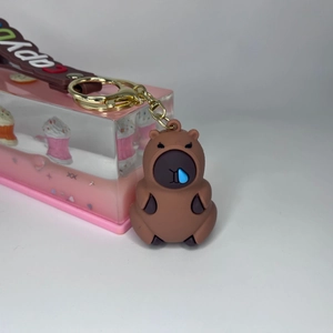 Detailed view of Capybara keychain with creative blue decoration and brown wrist strap
