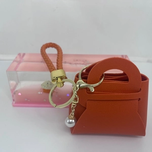 Mini Orange PU-Leder Geldbörse Schlüsselanhänger mit Perlenanhänger und Kordelschlaufe