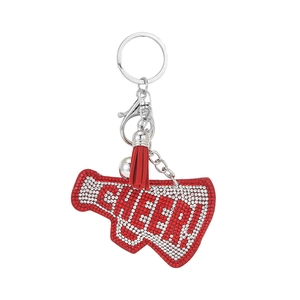 Red rhinestone megaphone keychain with Cheer letters and leather tassel pendant