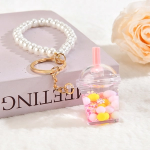 Milk Tea Cup Keychain With Faux Artificial Pearl Wristlet Quicksand Liquid Mini Drink Bottle Bag Charm Cute Plastic For Women Girls