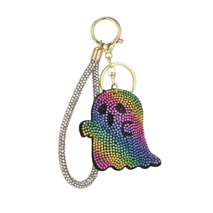 Rainbow gradient rhinestone ghost keychain with golden clasp and studded wristlet strap
