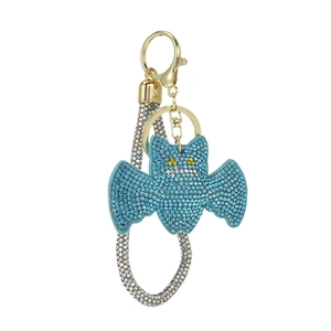 Blue rhinestone bat keychain with golden metal clasp and glittering charm strap