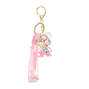 Pink cartoon bear keychain with colorful glitters, liquid oil sand, and wrist strap