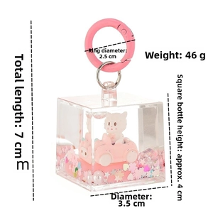 Pink car liquid quicksand bottle keychain with dimensions and weight parameters detail