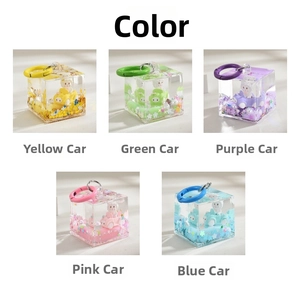 Five colored acrylic cube keychains featuring rabbits in cars with liquid glitter inside