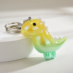 Luminous gradient acrylic dinosaur keychain with pearlescent finish and silver ring
