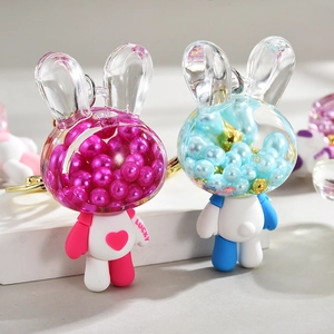 Cute Cartoon Rabbit Keychain Astronaut Space Pendant Acrylic Clear Head With Artificial Pearls Lucky Backpack Accessory For Kids Girls