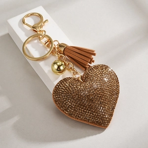 Brown heart rhinestone keychain with leather tassel and gold polished bell charm