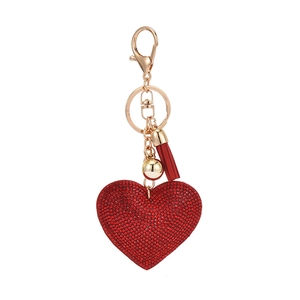 Sparkling red rhinestone heart keychain with fringe tassel and gold hardware
