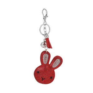 Sparkling red rhinestone rabbit keychain with silver bell and stylish leather tassel charm