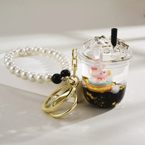 Porte-clés cochon créatif avec tasse de thé aux perles et bracelet en perles factices