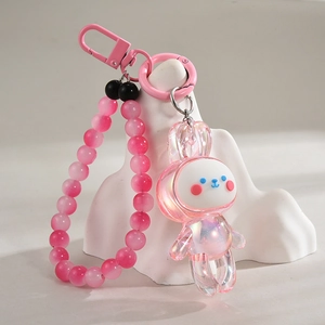 Porte-Clés Lapin Iridescent Pendentif Acrylique Aurore Animal Dessin Animé Avec Dragonne En Perles Colorées Pour Sac