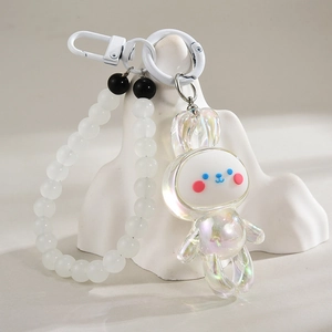 Pendentif lapin acrylique iridescent mignon avec lanière perlée et fermoir pour porte-clés