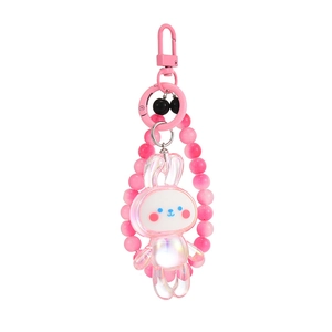 Mignon porte-clés lapin en acrylique rose avec revêtement UV et chaîne perlée