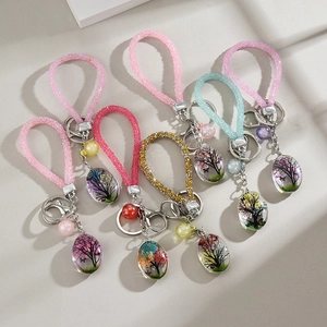Tree of Life glass pendant keychain set with colorful dried flower butterfly designs