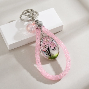 Tree Of Life Keychain Resin Dried Flower Pendant Shimmering Rhinestone Strap Butterfly Bag Charm Gift For Women