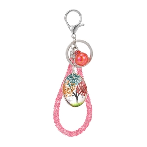 Pink beaded keychain with tree of life resin pendant and silver lobster clasp