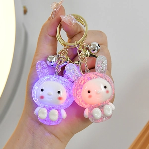 Glowing Cartoon Animal Keychain Rabbit Cat Bear Milk Tea Cup With LED Light Glitter Resin Alloy Hanging Ornament For Bag Key Women Kids Gift