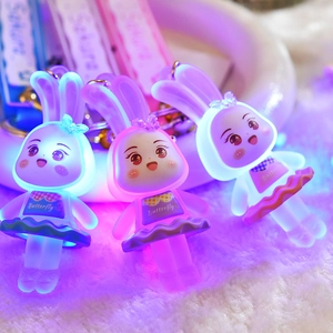 Close-up of cute glowing rabbit keychains with LED lights in blue, pink, and white tones
