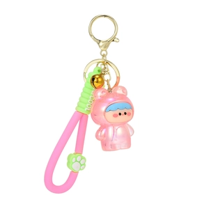Luminous pink baby frog keychain with silicone strap and golden metal ring hardware