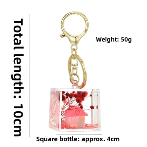 Detailed view of creative oil bottle keychain with pink house and size measurements