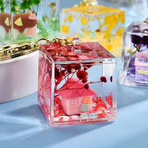 Close-up of cube liquid keychain with red dried flower and pink house miniature