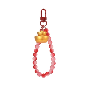 Chinese red beaded keychain with golden ingot pendant and pink gradient beads