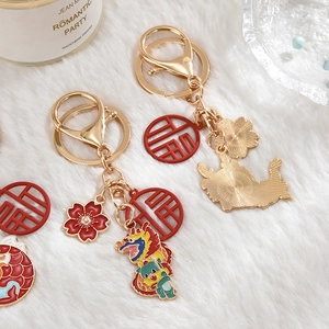Detail of golden dragon zodiac keychain with red Fu pendant on white plush background