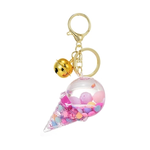 Luminous acrylic ice cream keychain with pink liquid quicksand and floating colorful beads