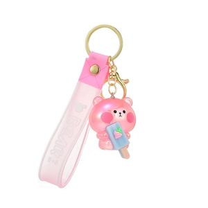 Porte-clés ours rose lumineux en acrylique avec glace à la fraise et dragonne souple