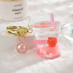 Creative strawberry drink acrylic keychain with floating glitter and liquid sand charm
